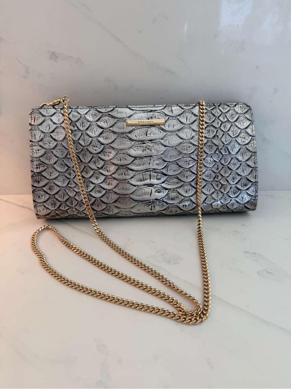Brahmin Minuette Crossbody Clutch, Metallic Silver Croc Embossed Leather